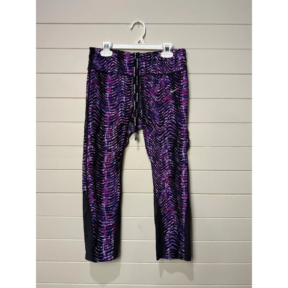 Nike Running Dri-FIT‎ Athletic Leggings Purple Abstract Print Cropped Womens M